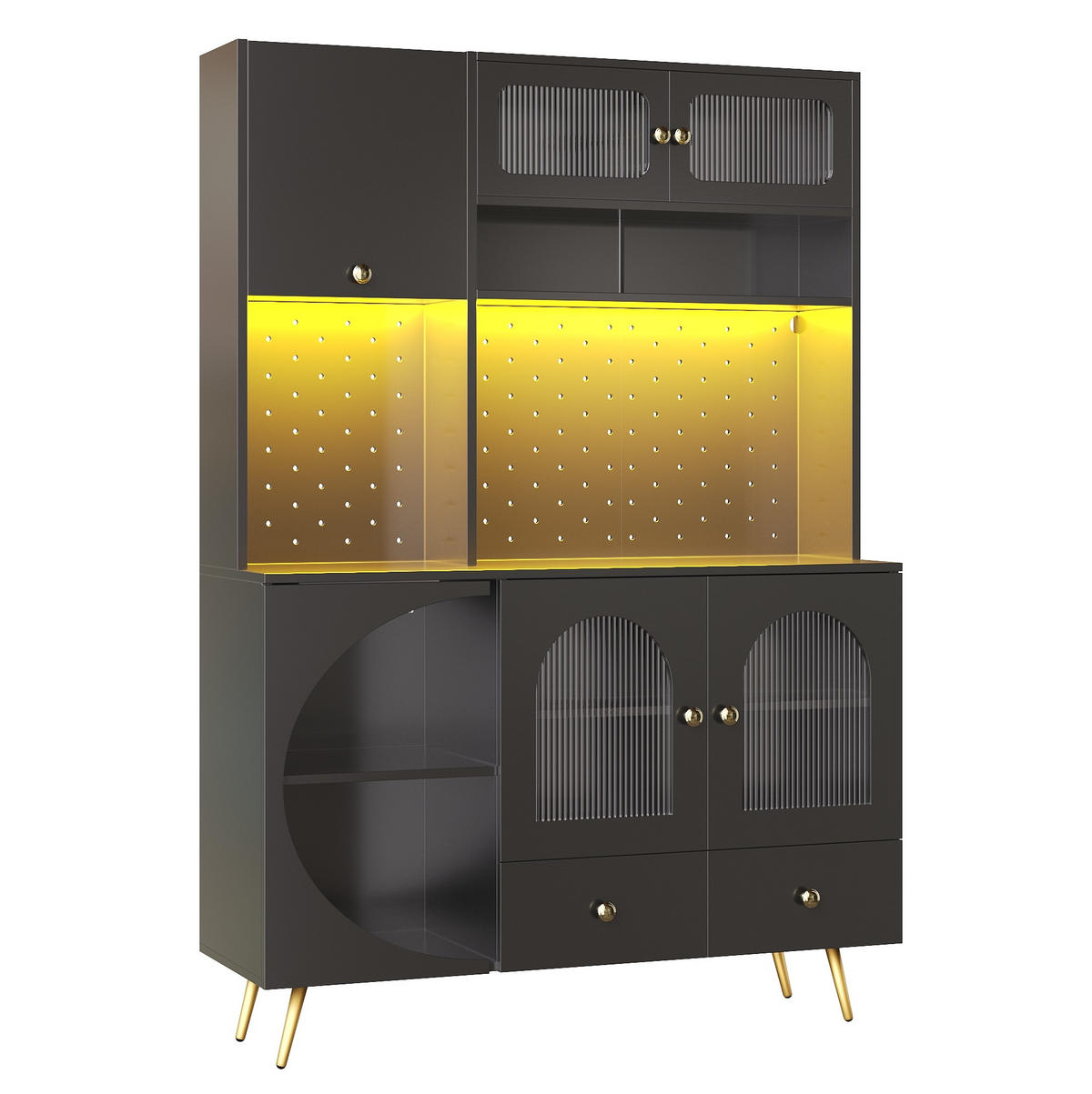 KUHINJSKI element za posuđe 120/40/176 cm crni, MDF/staklo, s LED rasvjetom i utičnicama - crna, drvni materijal (120/176/40cm) - BEAOK