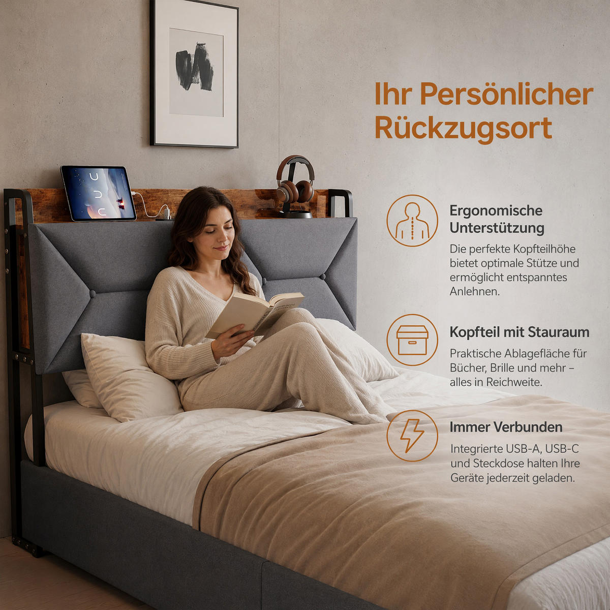 POLSTERBETT 140x200 mit Stauraum, 4 Schubladen und Steckdose, Lattenrost, Kopfteil mit verstecktem Stauraum, Grau - Grau, Holz/Textil (140/200cm) - GENKI LIVING