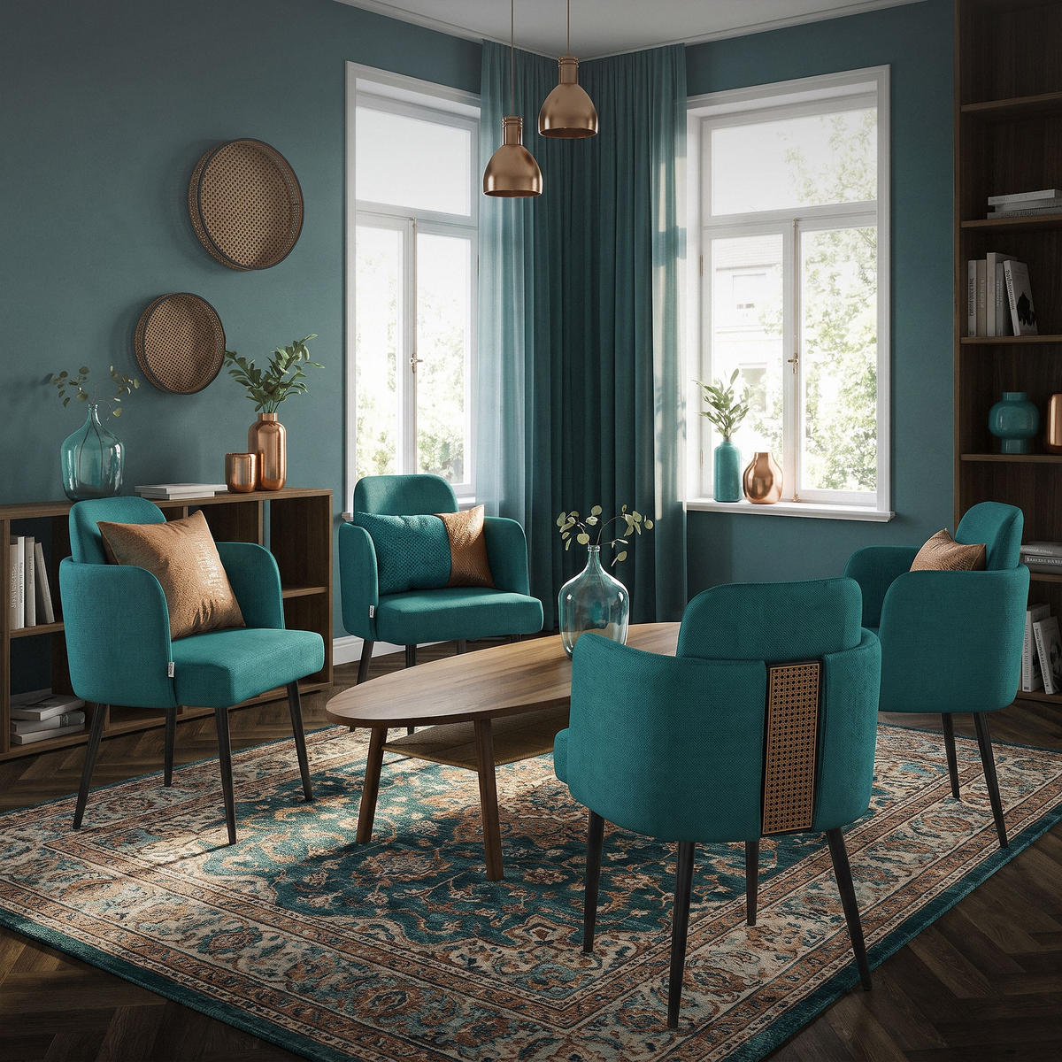ESSZIMMERSTÜHLE 2er Set Petrol mit Stoffbezug Rattan Optik - Petrol/Schwarz, Textil/Metall (59/86/59cm) - ML-DESIGN