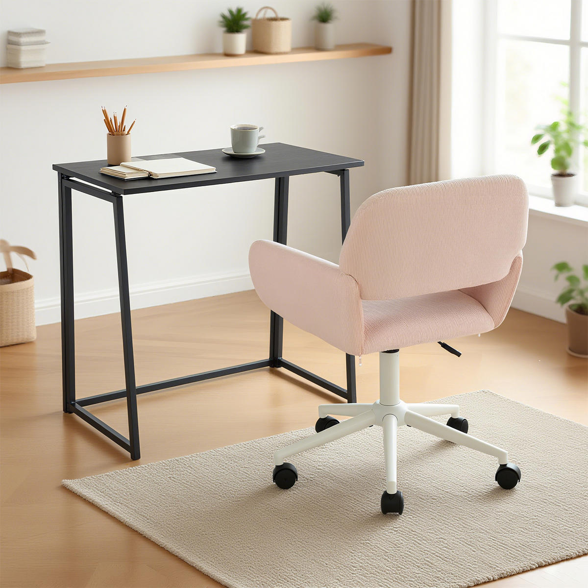 KLAPPBARER Schreibtisch & Rosa Cord-Bürostuhl Set - Pink, Metall (41/80/74cm) - Meubles Cosy