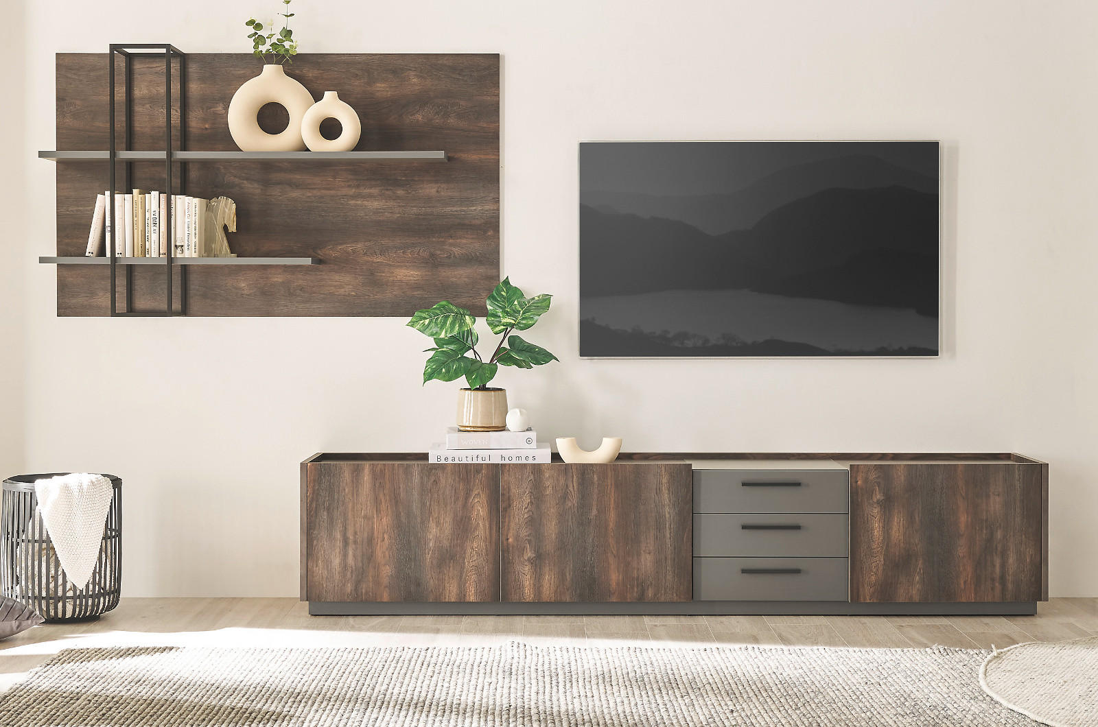 WOHNWAND Thermo Eiche, grau, Set 2-teilig mit XXL TV-Lowboard und Soft-Close - Eichefarben/Grau, Holzwerkstoff/Metall (316/180/45cm) - Furn.Design