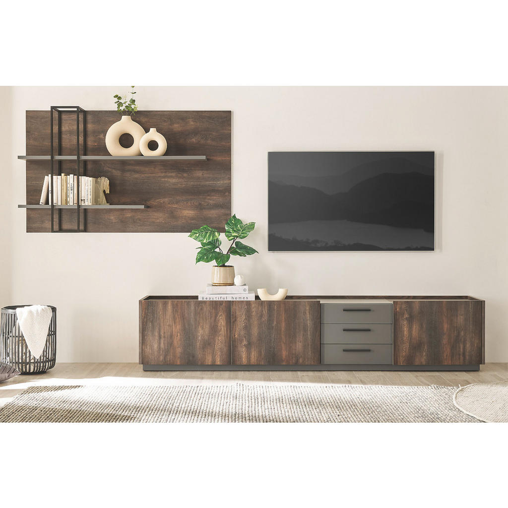 Thumbnail - Furn.Design Wohnwand, Eiche, Grau, Metall, Nachbildung,Eiche, 316x180x45 cm, Wohnzimmer, Wohnwände, Anbauwände