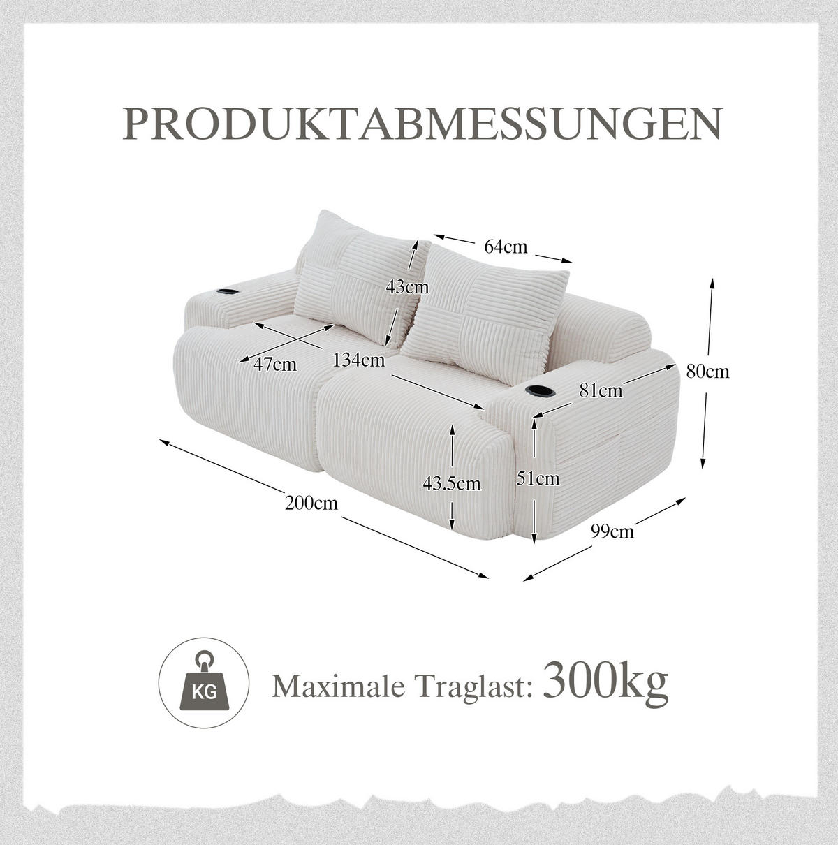2-SITZER Sofa Cord mit Getränkehalter und Seitentasche 200/99/80 cm Beige - Beige, Textil (99/80/200cm) - Redom