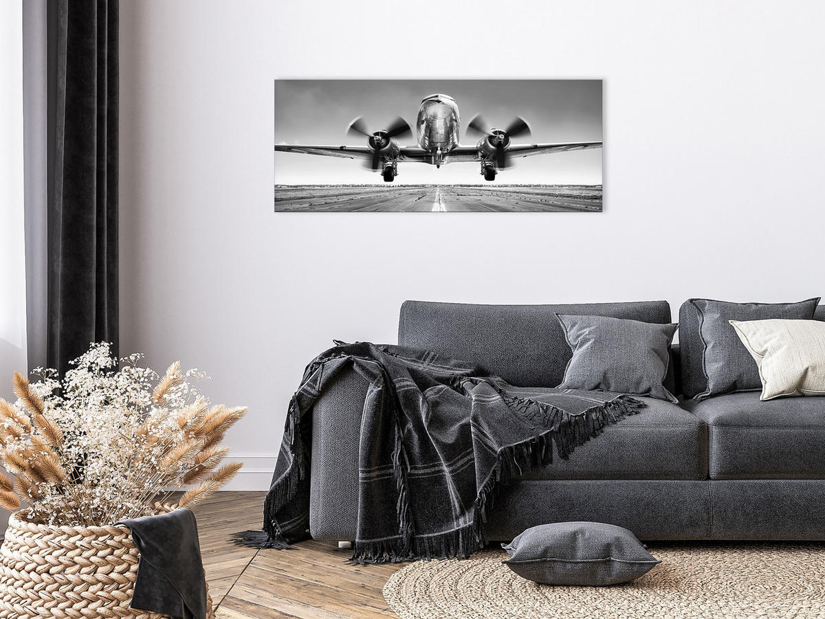 GLASBILD 125x50 cm Flugzeug Schwarz Weiß - Weiß, Glas (125/50cm) - artissimo