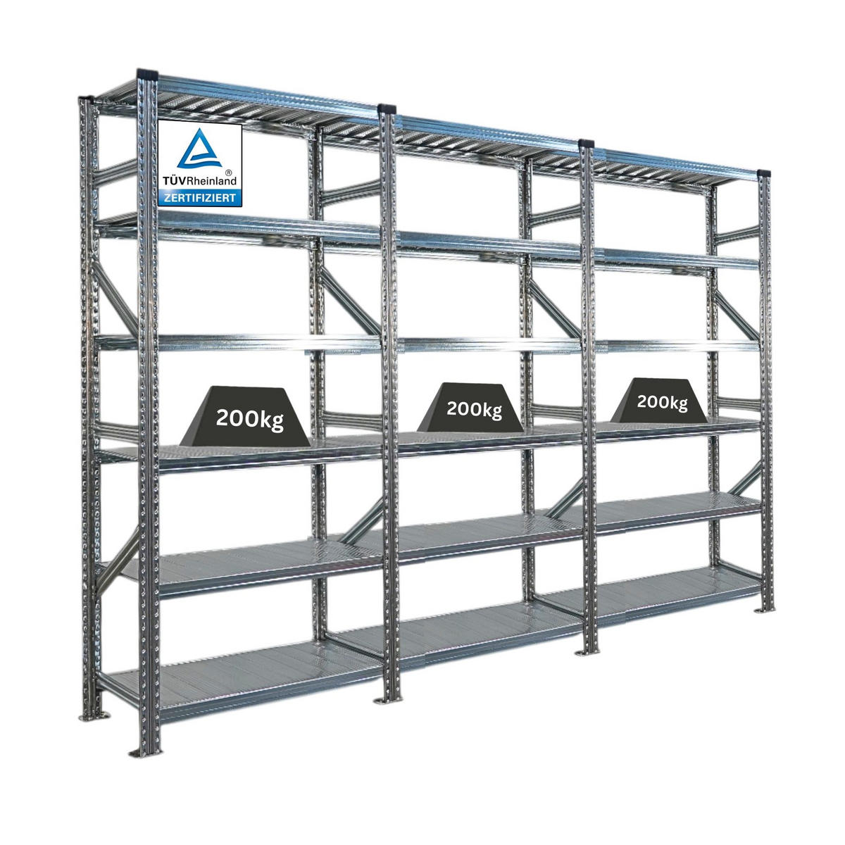 FACHBODENREGAL Proximo Stecksystem 210x270x50cm 6 Ebenen Beidseitig nutzbar Verzinkt - Silberfarben, Metall (270/210/50cm) - PROREGAL