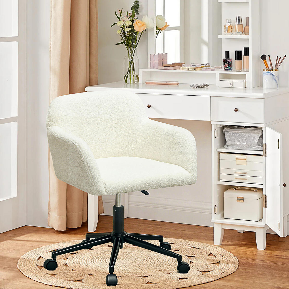 DREHBARER Bürostuhl mit Rollen, Schreibtischstuhl, Fleece-Stoff, Schaumstoff, höhenverstellbar, Homeoffice, Cremeweiß - Creme, Textil (60.7/84/63.3cm)