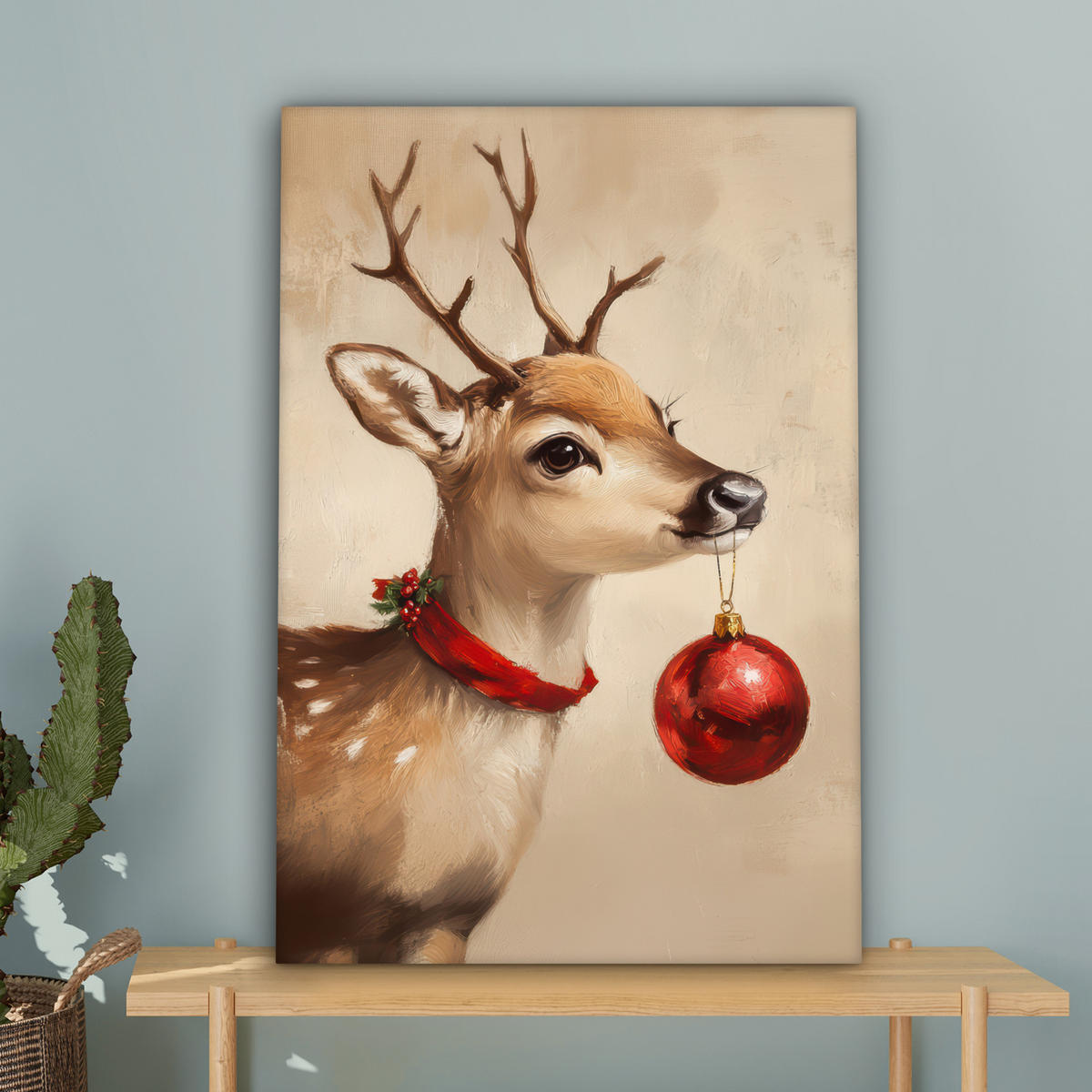 LEINWANDBILD Weihnachten - Hirsch - Geweih - Weihnachtskugel - Rentier 40x60 cm - Hellbraun, Textil (40/60cm) - MuchoWow