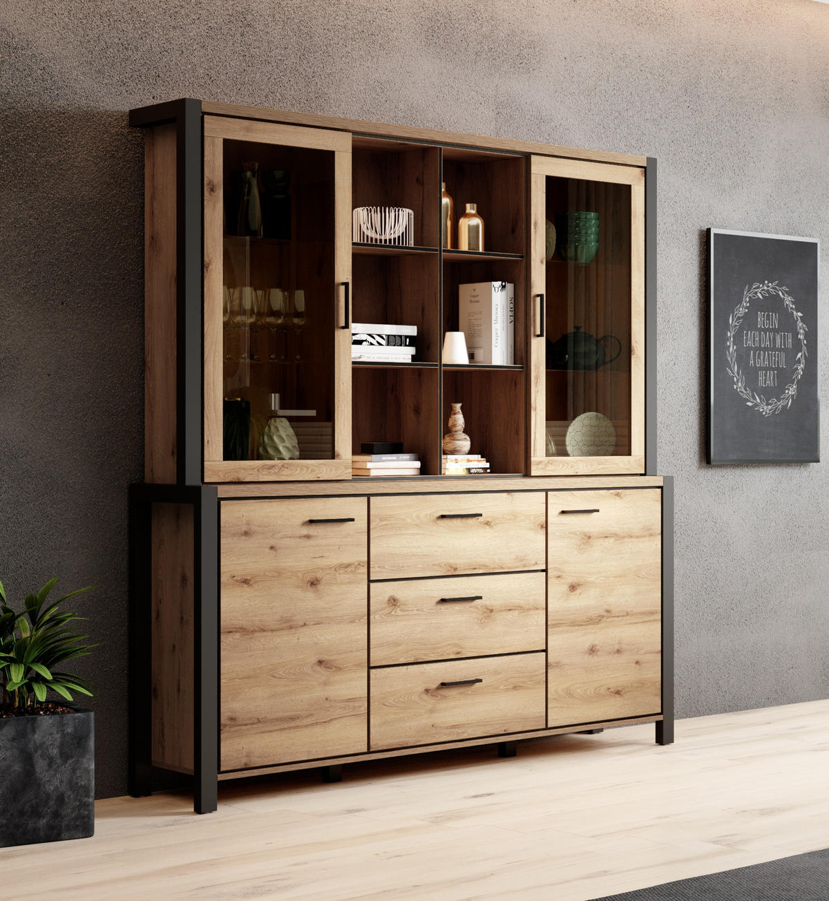 SIDEBOARD ATTIVO 180x40,6x200 cm mit 3 Schubladen und 4 Türen Eichefarben - Braun, Holzwerkstoff (180/200/40.6cm) - MASSENO