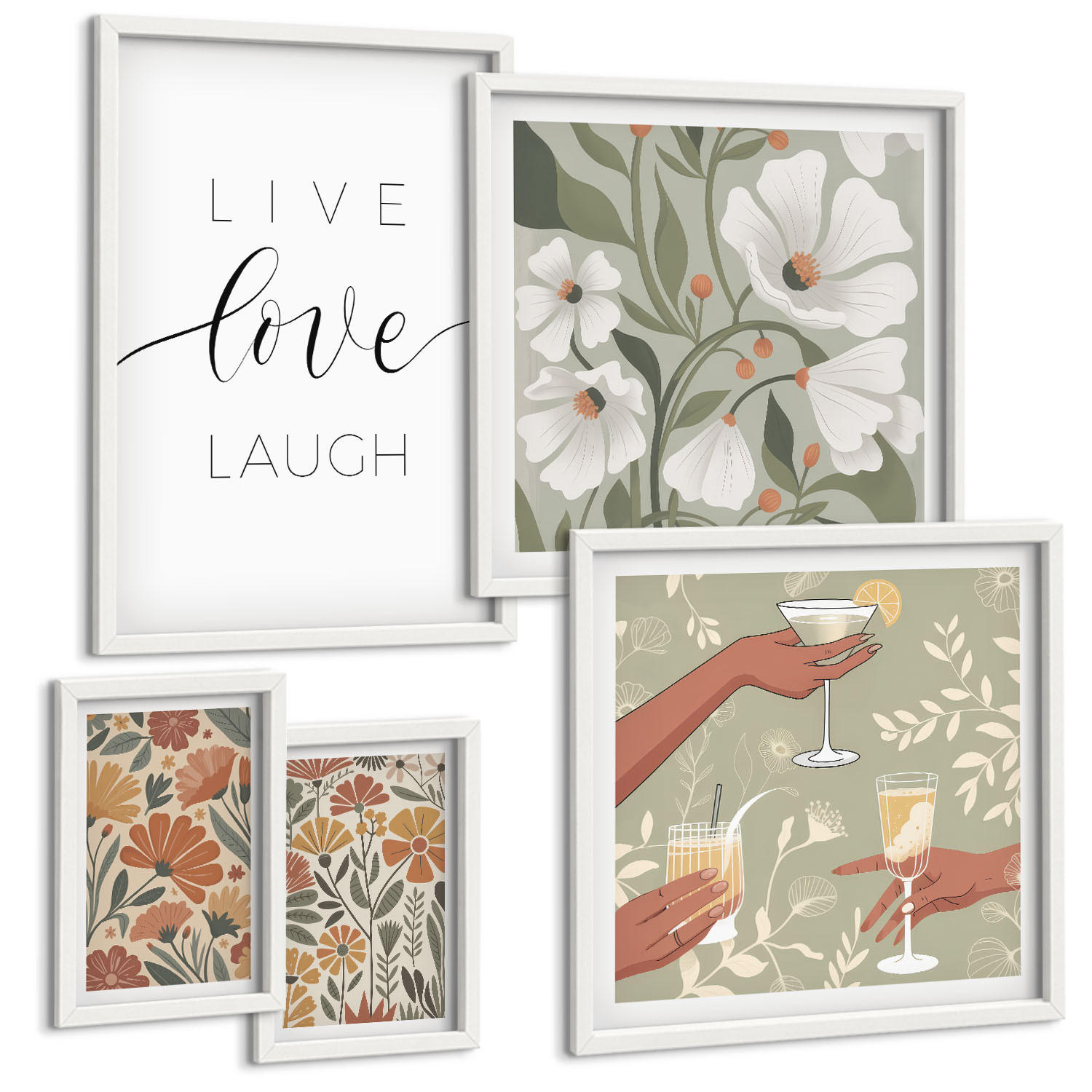 BILDER SET 5er Set - 50x50 cm & 20x30 cm & 40x60 cm Weißer Rahmen - Boho-Pflanzenmuster - Weiß, Kunststoff (40/60cm) - TULUP