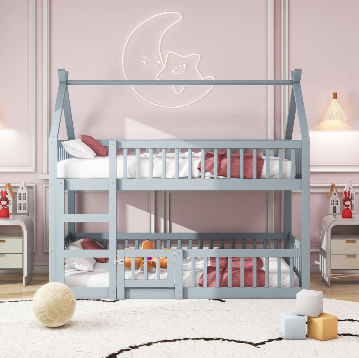 ETAGENBETT 90/200 cm mit Treppe, hoher Umrandung und Tür, Grau - Grau, Holzwerkstoff (90/200cm) - Redom