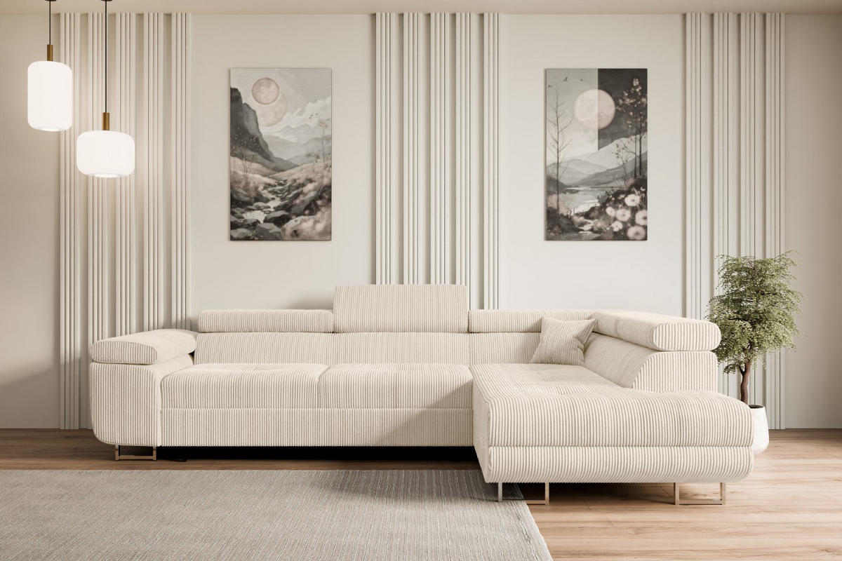 ECKSOFA mit Schlaffunktion und Bettkasten GUSA-L 272x202x107 cm Beige Cord - Beige/Silberfarben, Holzwerkstoff/Textil (272/202cm) - ALTDECOR