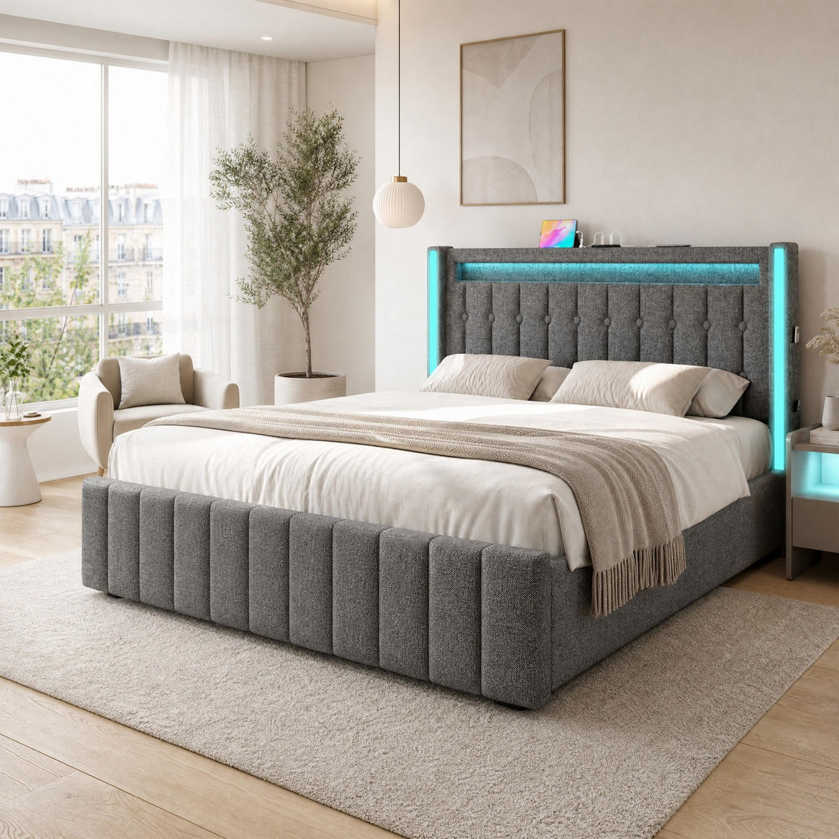 POLSTERBETT 160/200 cm in Grau Leinen mit 4 Schubladen, LED, USB und Matratze - Grau, Holzwerkstoff/Textil (160/200cm) - CHICFURN