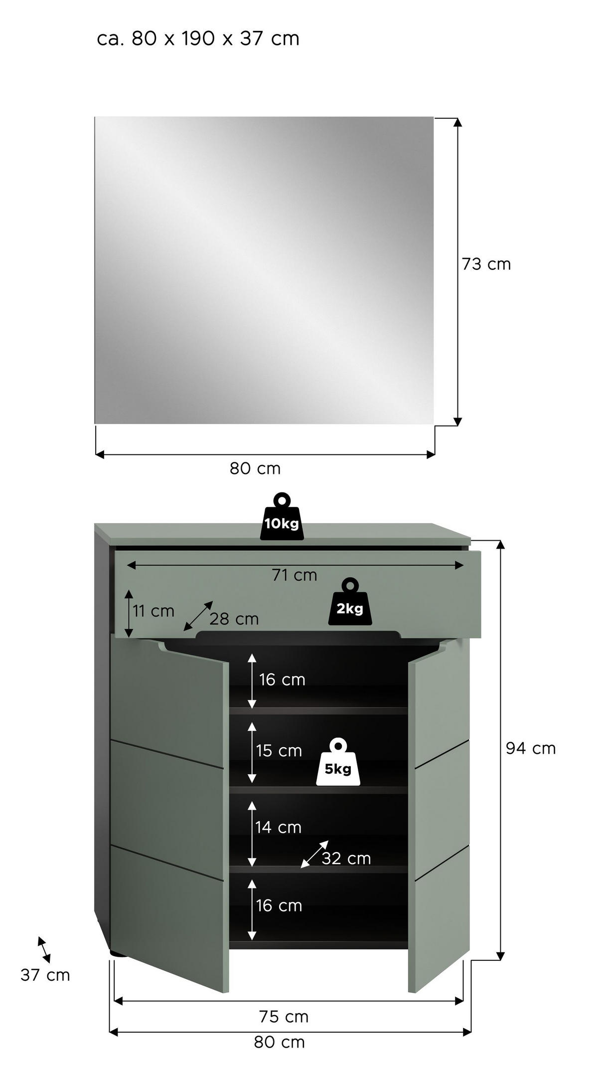 GARDEROBE Nova 2-tlg. (B/H/T: ca. 80/190/37 cm) in Basalt grau/Smoke Green - Grau, Holzwerkstoff (80/190/37cm)