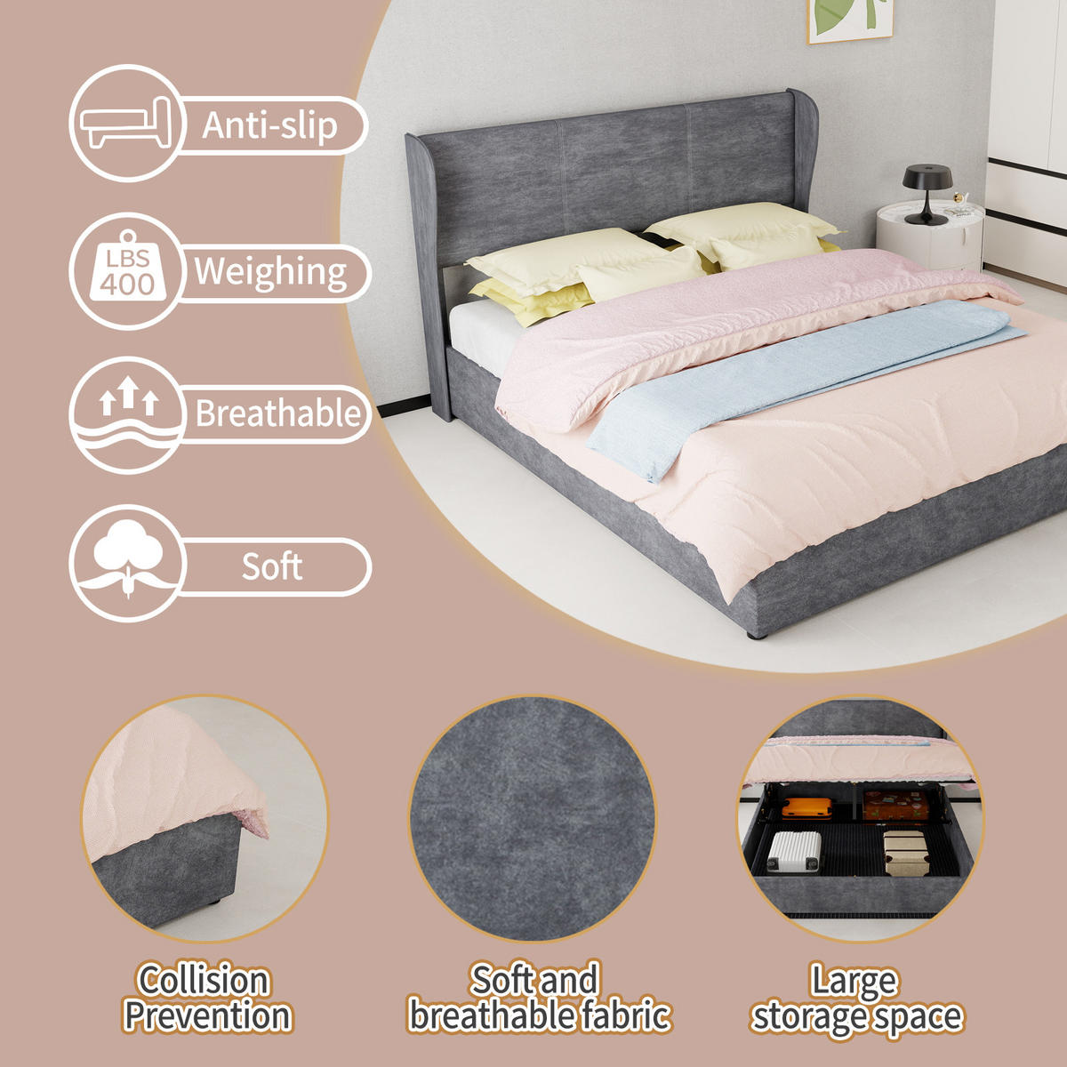 STAURAUMBETT 160/200 cm DE-35479 mit Gaslift-Staufach Grau - Grau, Metall (160/200cm) - ComfortXL