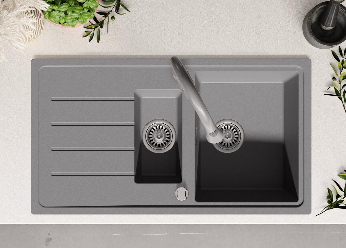 SPÜLBECKEN Kopenhagen Duo, 2-er set Grau 90/50 cm 1,5 Becken + Ablauf-Set ab 60er Unterschrank - Chromfarben/Grau, Kunststoff (90/19/50cm) - Primagran