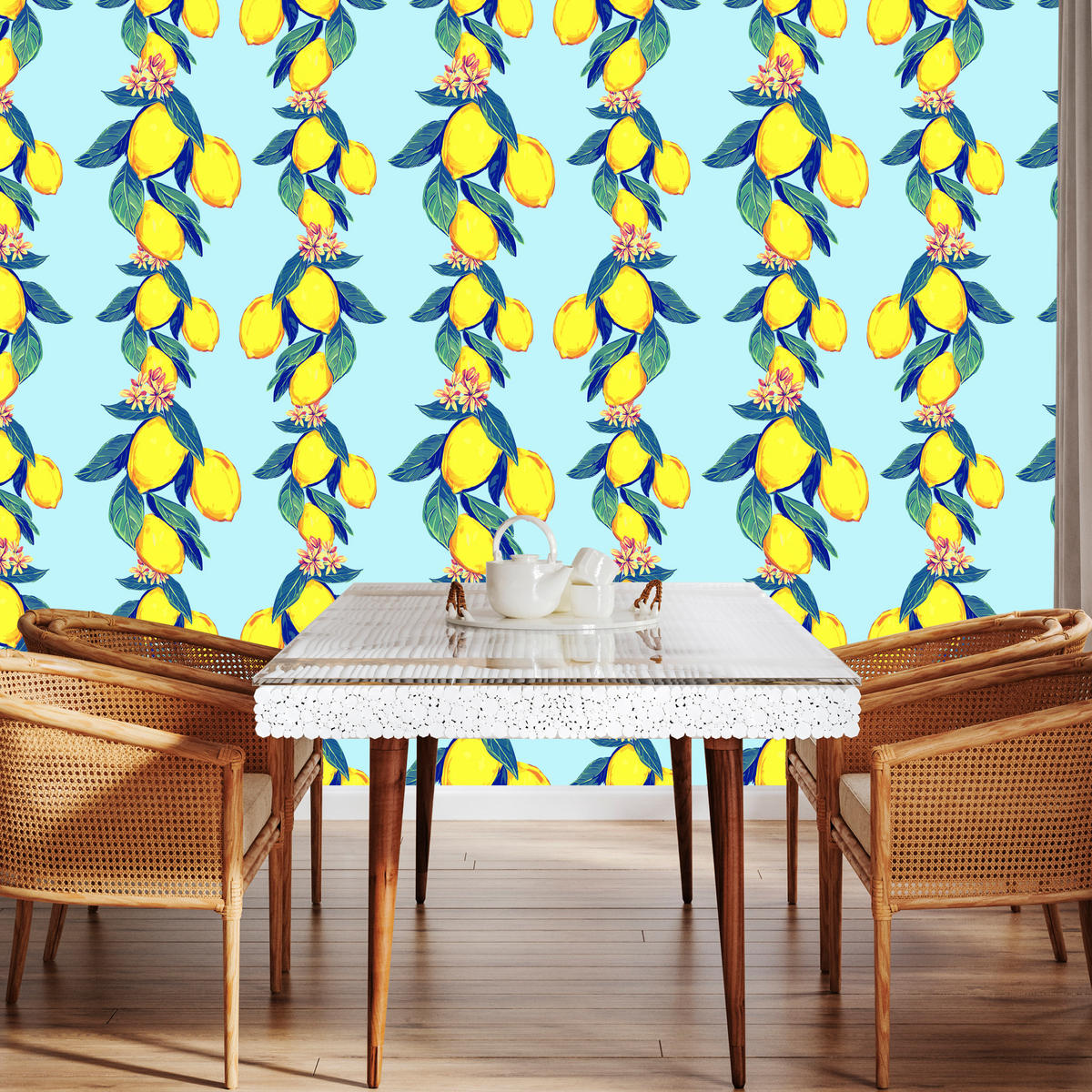 VLIESTAPETE Zitronen und Blüten – Gelb, Blau, Hellblau – 50x1000 cm - Blau/Gelb, Papier (50/1000cm) - Muralo