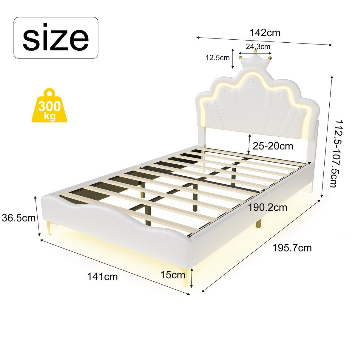 ČALÚNENÁ posteľ 140x190 cm s LED osvetlením, korunou a PU poťahom, biela - biela, kov (140/190cm) - EuroLiving