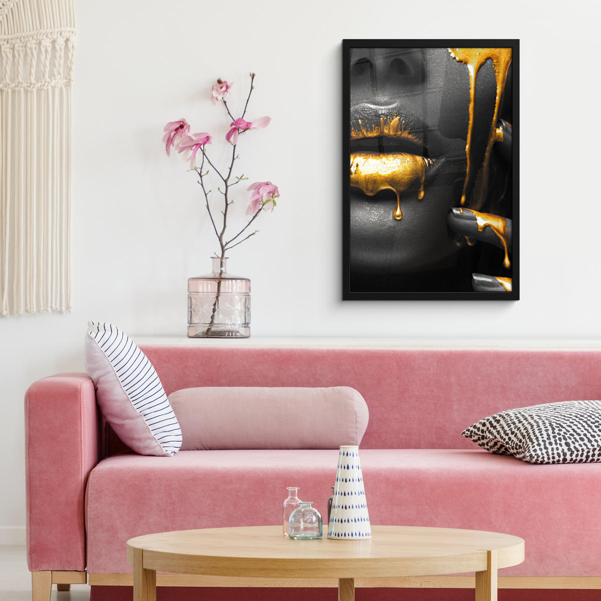 GERAHMTES BILD Frau - Schwarz - Gold - Gesicht - Lippen 40x60 cm - Goldfarben, Papier (40/60cm) - MuchoWow
