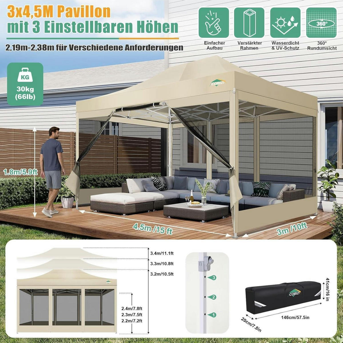 FALTPAVILLON 3 x 4,5 m mit Moskitonetz Khaki - Olivgrün, Textil (300/238/450cm)