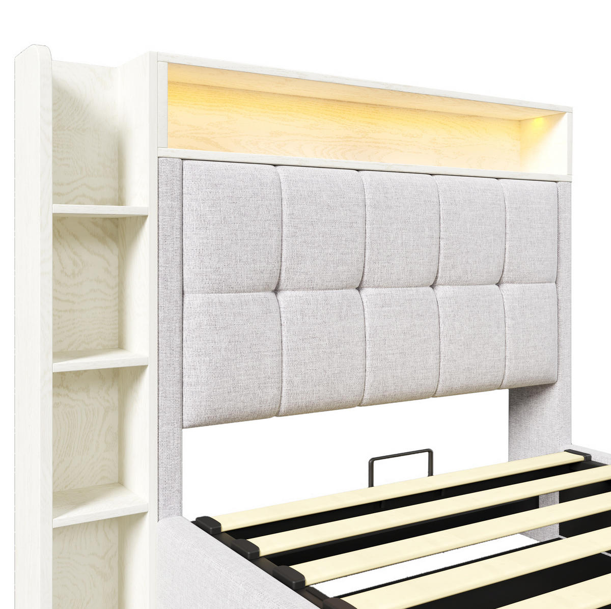 POLSTERBETT mit Stauraum, USB und LED 90x200 cm Leinen Beige - Beige, Metall (90/200cm) - Meubliv