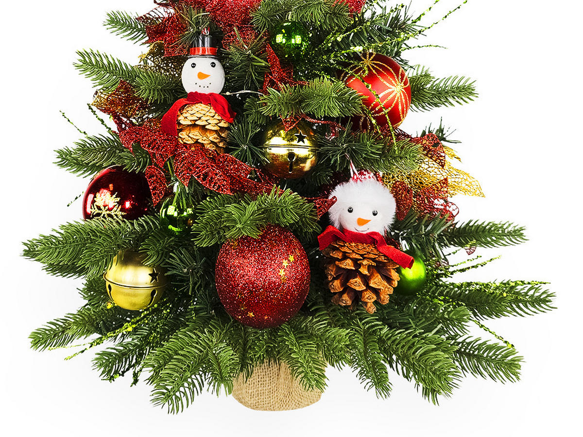 WEIHNACHTSBAUM künstlicher 60 cm mit LED-Beleuchtung, SCHNEEMANN II, mit 31 Weihnachtsbaumschmuck, Pflanztopf mit Jutesack - Rot/Goldfarben, Kunststoff/Stein (40/60cm) - LAALU