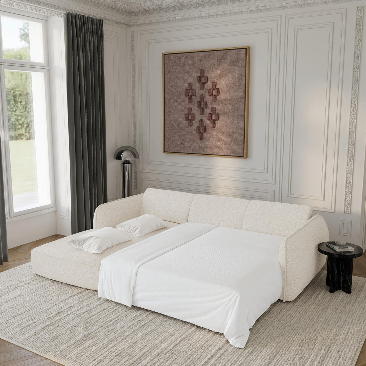 ECKSCHLAFSOFA Bouclé-Stoff 274cm - Creme, Textil (274/174cm) - Sia Home