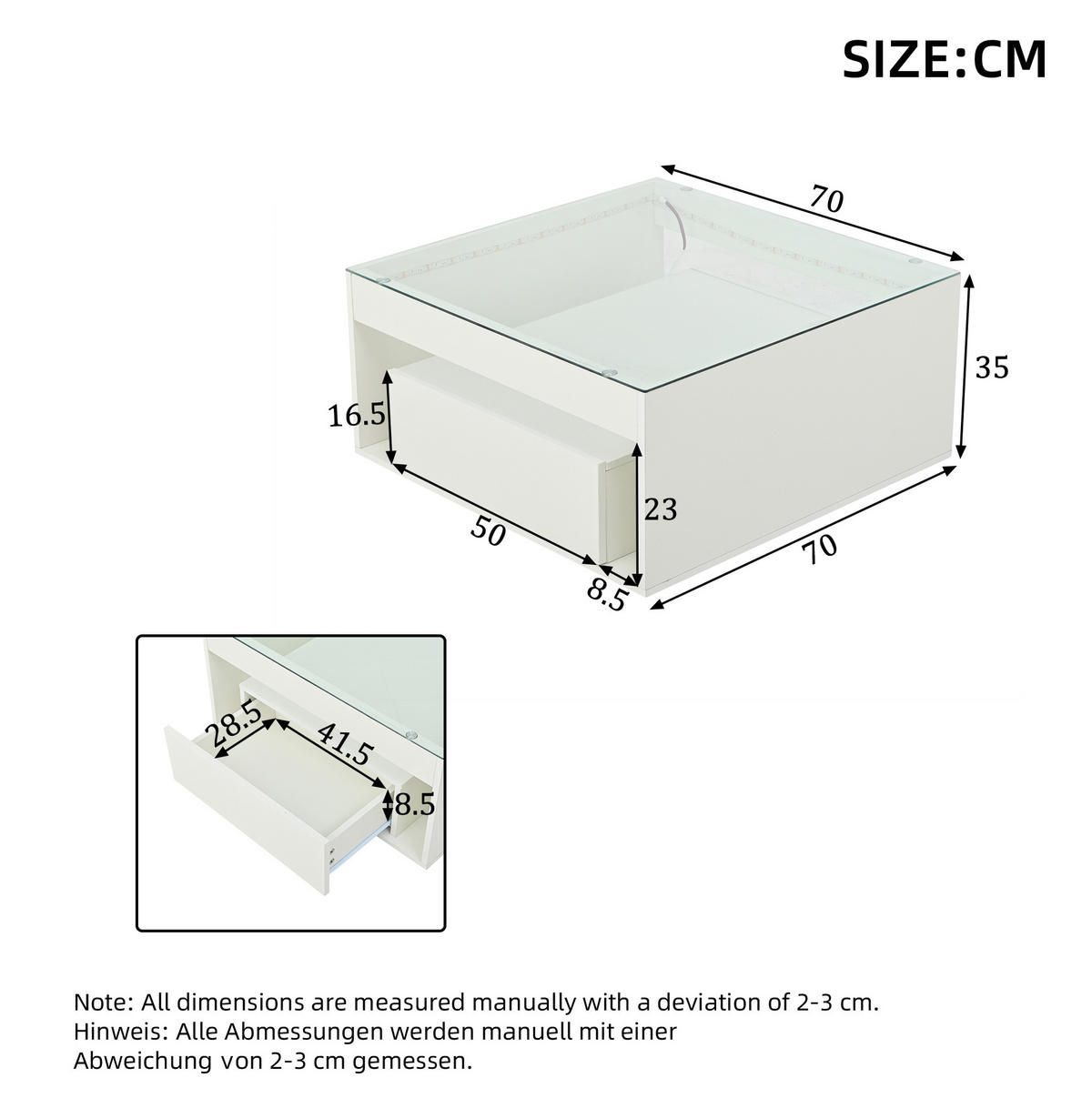COUCHTISCH 70/70/35 cm in Weiß aus MDF und Glas mit LED und Stauraum - Weiß, Holzwerkstoff (70/70/35cm) - OKMYHOME