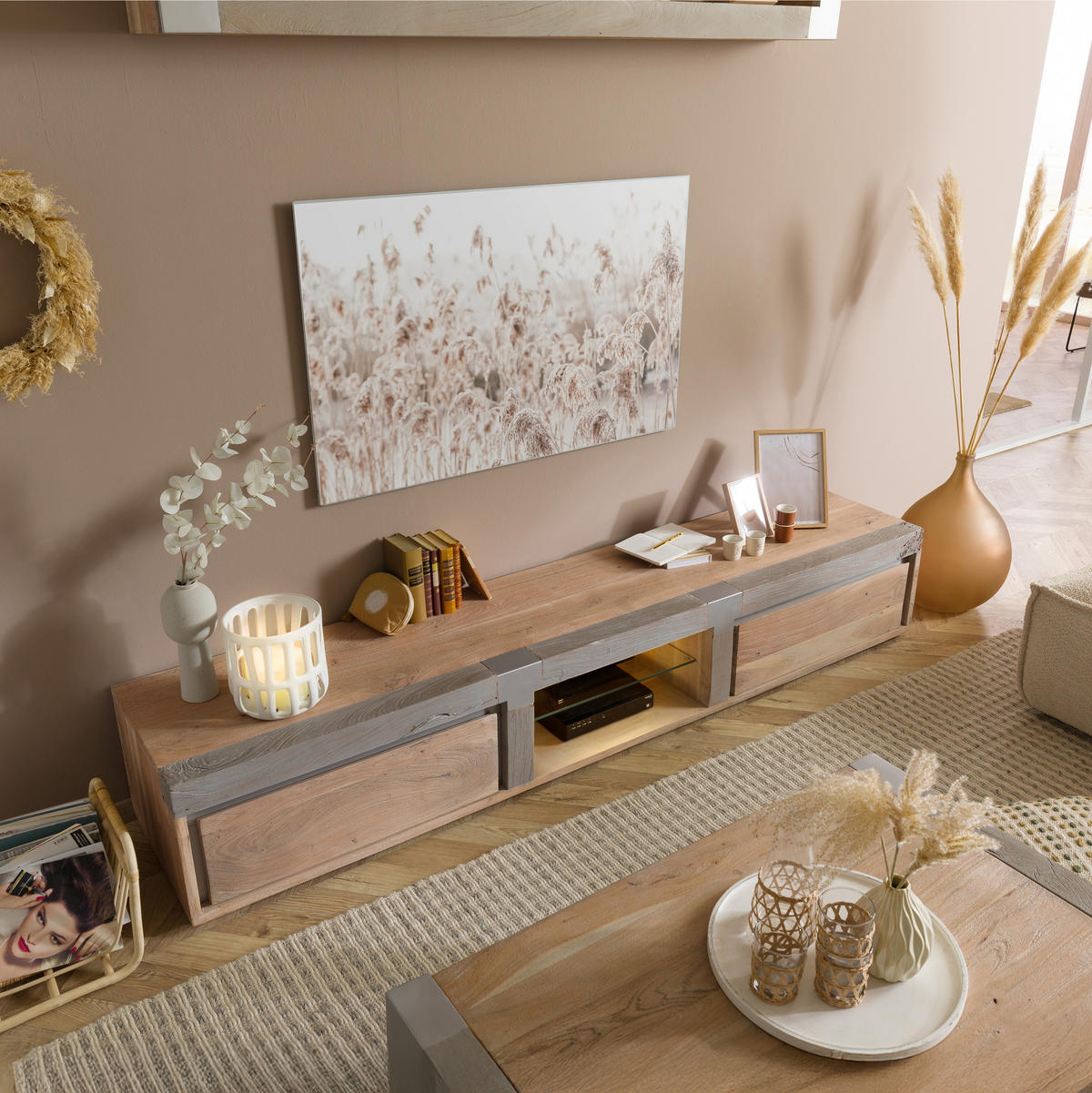 TV-BOARD Akazie 240x48x39 beige lackiert Amsterdam #104 - Beige, Holz (240/39/48cm) - Massivmoebel24