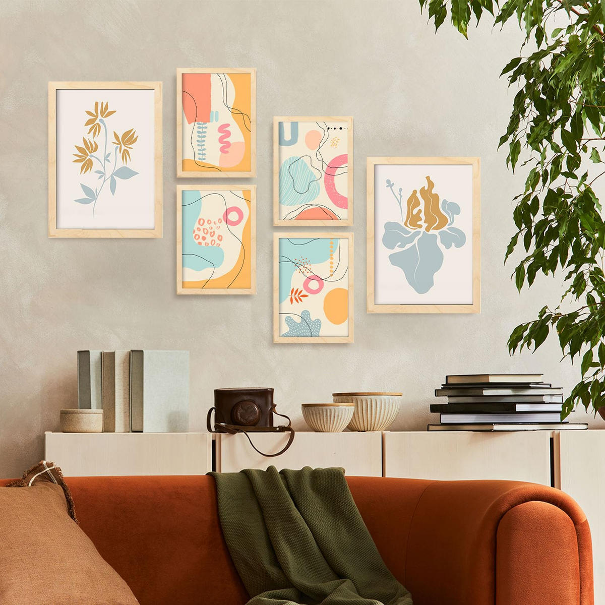 POSTER Set Mit 6 Ethikstile 2 In Blume Zusammenfassung Ästhetische Dekorative Gemälde Für Ihr Wohnzimmer Zuhause A3 & A4 Rahmen Aus Hellem Holz - Beige, Papier (29/3cm) - Nacnic