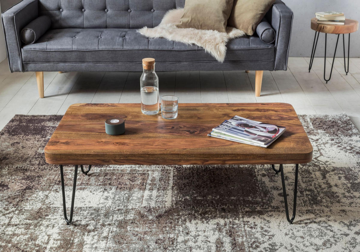 COUCHTISCH aus Massivholz mit Metallbeinen, handgefertigt, einzigartige Maserung, Braun 115x60x40 cm - Schwarz/Braun, Holz/Metall (60/115/40cm) - KADIMA DESIGN