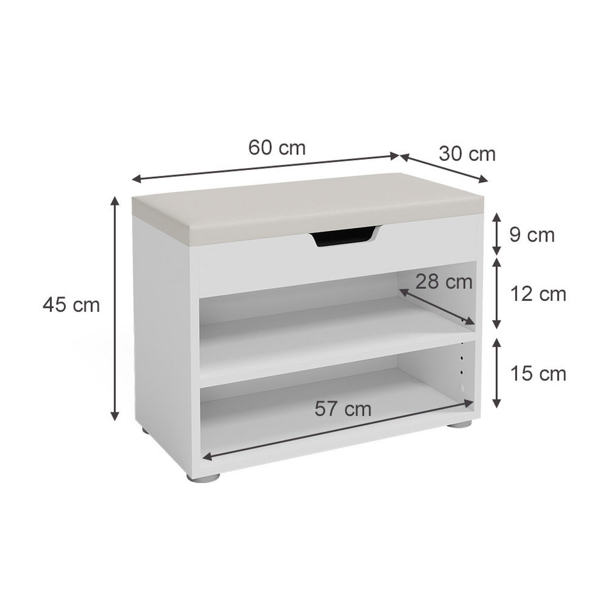 SCHUHBANK Rolfe Weiß 60 x 45 cm - Weiß, Holzwerkstoff (60/45/30cm) - Vicco
