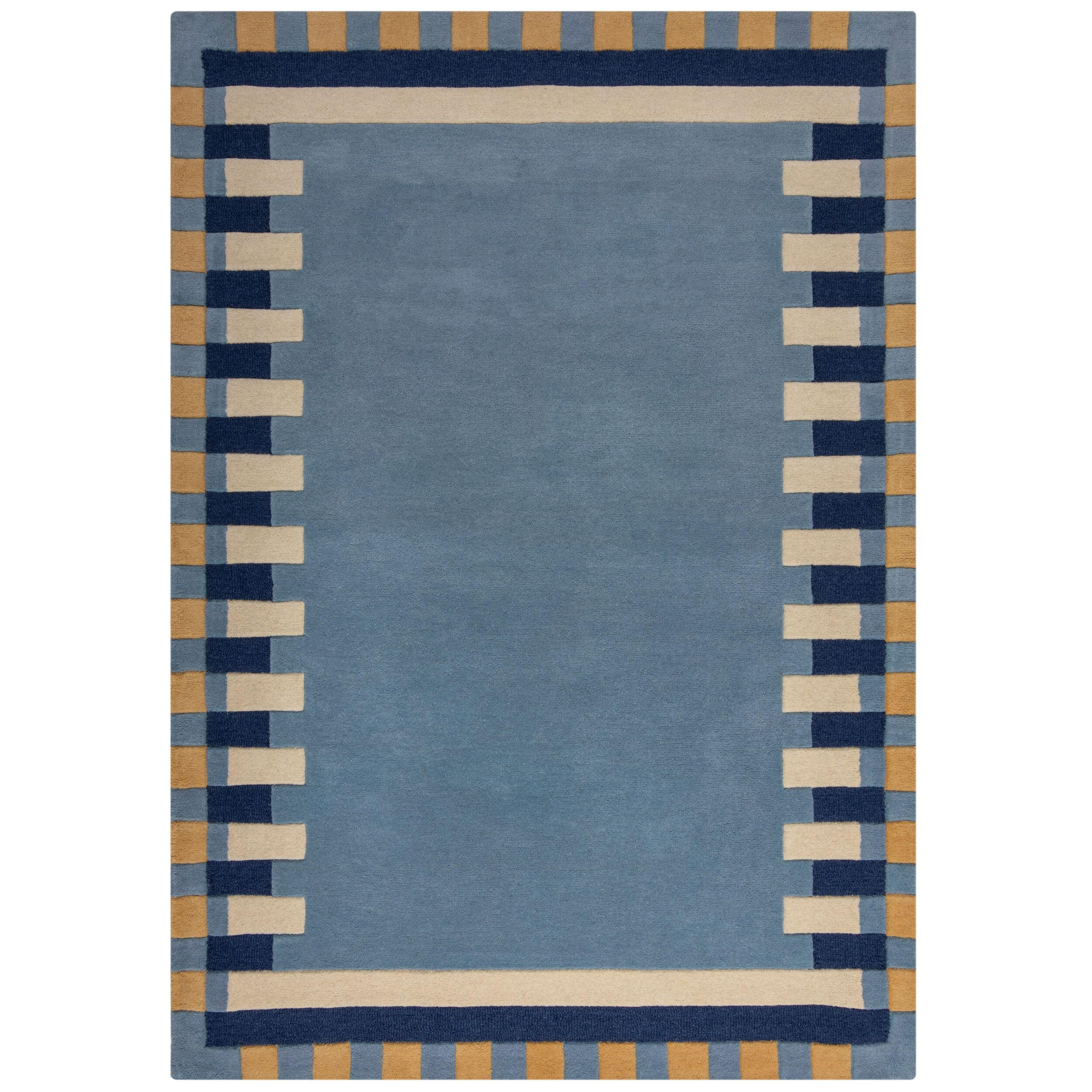WOLLTEPPICH Geometrisches Muster, Rahmen, Wohnzimmer schmutzabweisend Blau-Gelb Rechteckig 200x290 - Blau, Textil (200/290cm) - KADIMA DESIGN