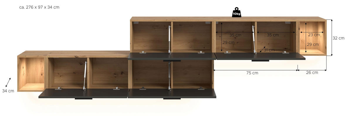 WOHNWAND INKL BELEUCHTUNG The One Basalt grau 276/34/97 cm - Braun, Holzwerkstoff (276/97/34cm) - Xonox