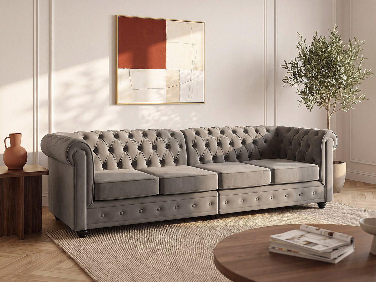 SOFA - 4 Personen - stoff - anthrazitgrau Chesterfield - Anthrazit, Textil (256/72/87cm) - Vente-Unique