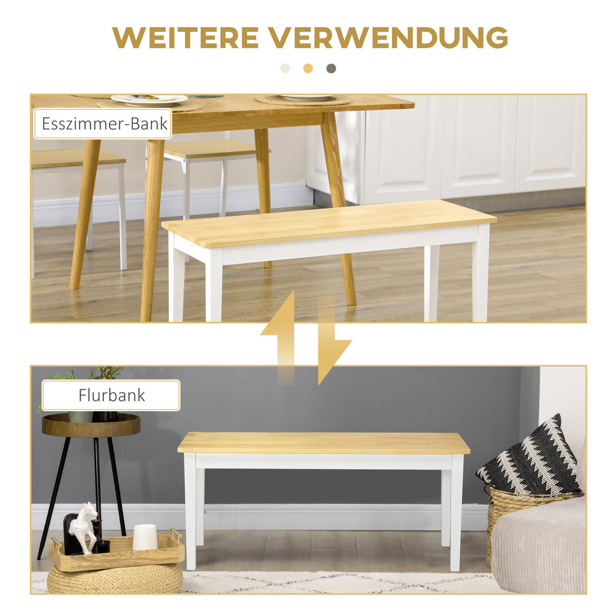 SITZBANK 2-Sitzer Essbank Holzbank, Küchenbank für Eingang bis 220 kg belastbar - Naturfarben/Weiß, Holz (36/45/102cm) - HOMCOM