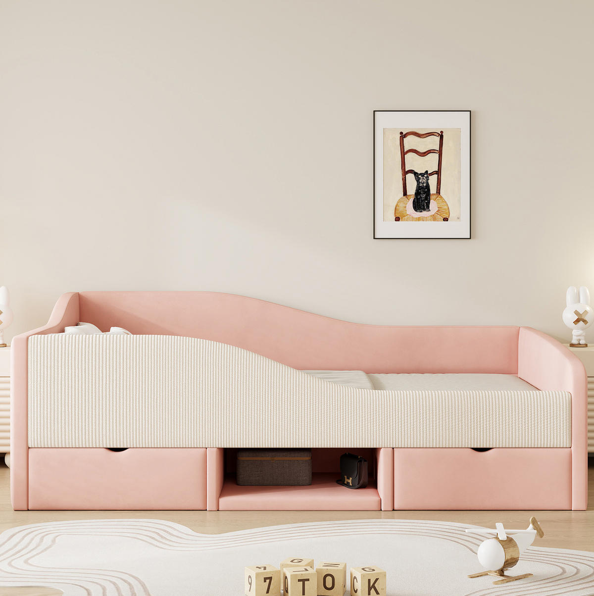 POLSTERBETT 90/190 cm Rosa und Cremeweiß mit zwei Schubladen und Schutzgitter aus hautfreundlichem Samt - Rosa, Textil (90/190cm) - OKWISH