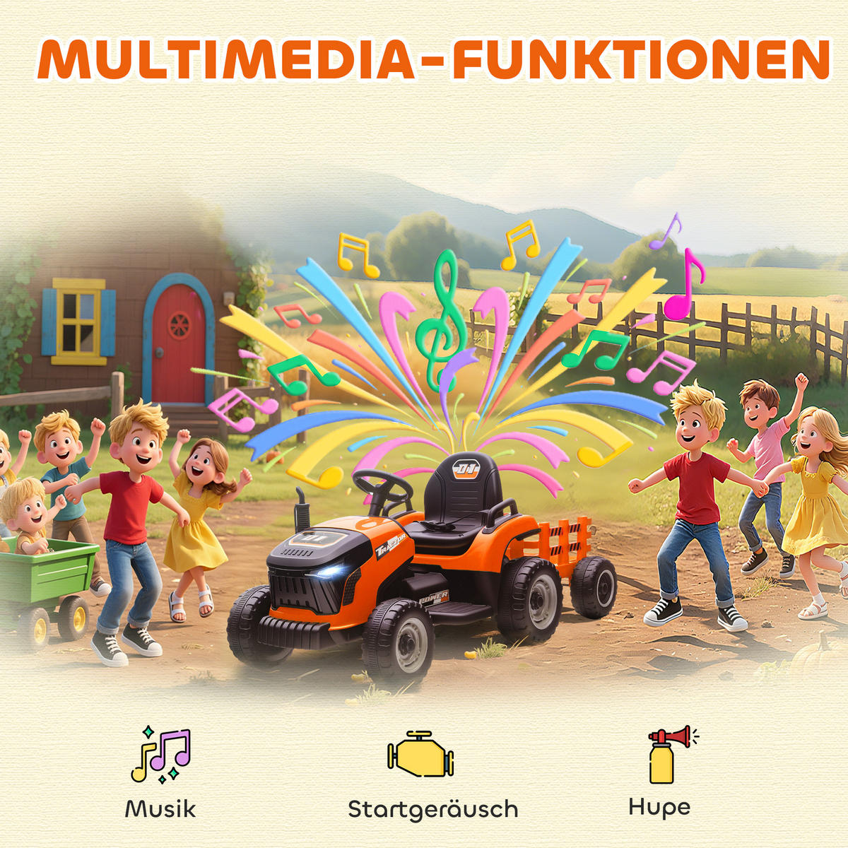 KINDER-ELEKTROAUTO 3-Gang mit Anhänger, 2 Motor, für 3-8 Jahre, Orange - Orange, Metall (139/58/55cm) - AIYAPLAY