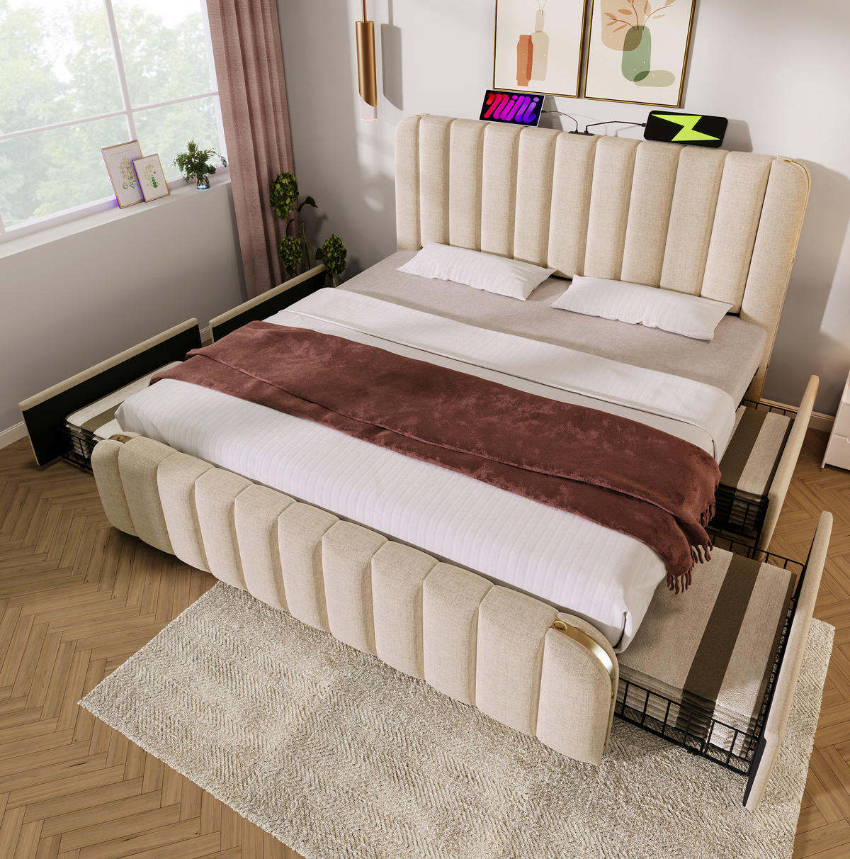 ČALÚNENÁ posteľ 180/200 cm s USB a Typ-C nabíjaním, 4 zásuvkami a matracom, Béžová - béžová, textil (180/200cm) - Redom