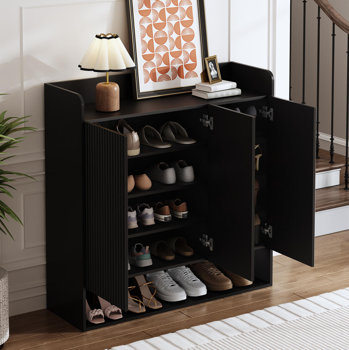 SCHUHSCHRANK 110/35,5/110 cm in Schwarz mit Spiegel und verstellbaren Einlegeböden - Schwarz, Holzwerkstoff (110/110/35.5cm) - Flora Grace