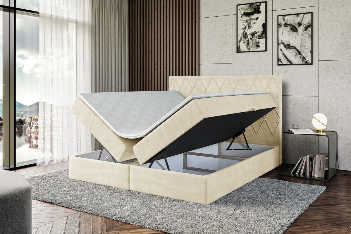 BOXBETT mit H4-Matratze und Lattenrost - LEPARO - 200x200 Beige - Beige, Holzwerkstoff (200/200cm) - ALTDECOR