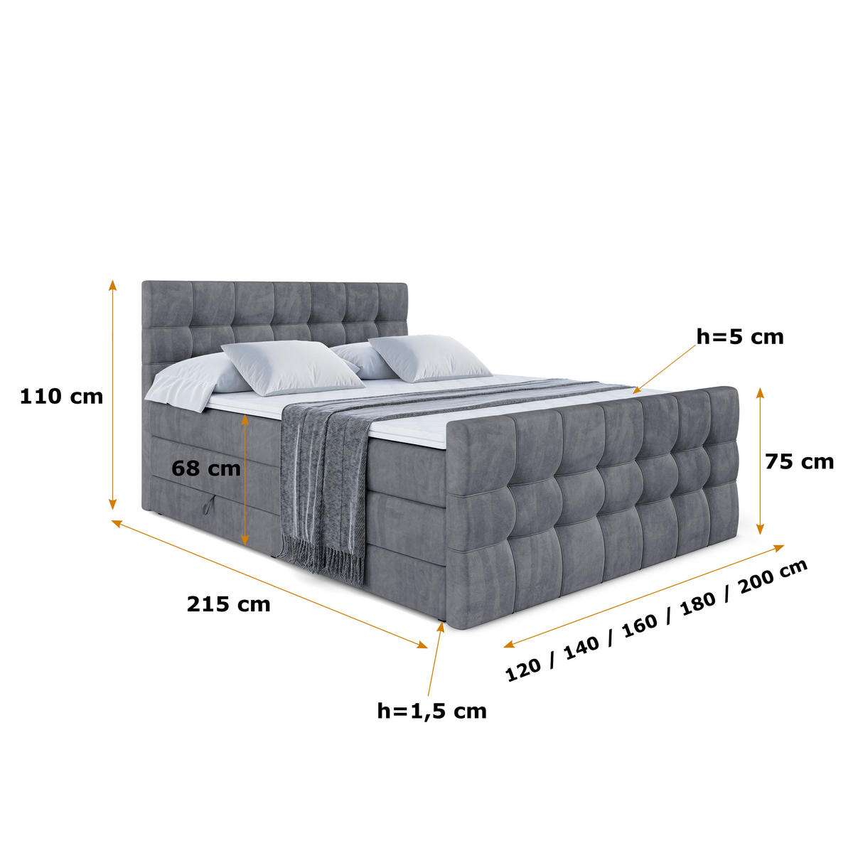 BOXSPRINGBETT BERO-Z KING - 120 x 200 - H3/H4 - Dunkelgrau - Dunkelgrau, Holzwerkstoff (120/200cm) - ALTDECOR