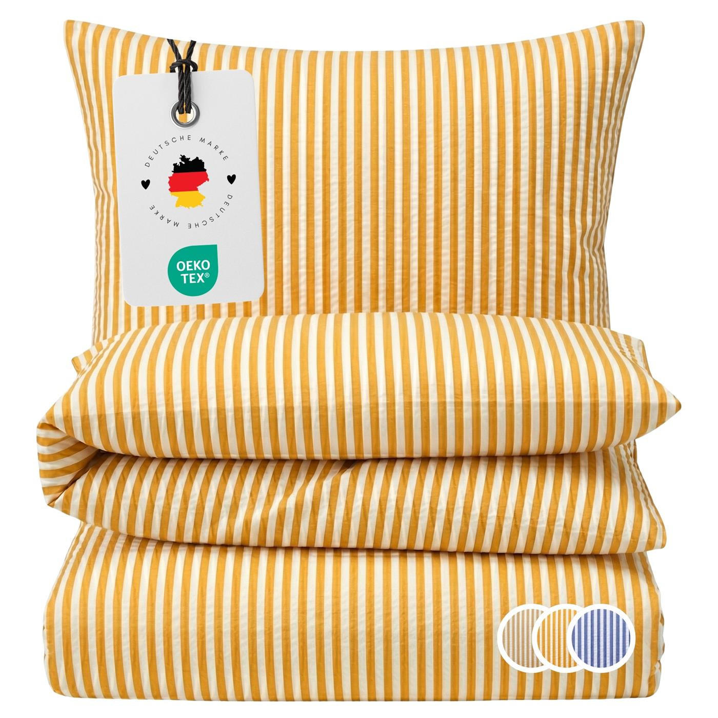 SEERSUCKER-BETTWÄSCHE 135x200 gestreift Sommer Bettbezug Bügelfrei aus 100% Baumwolle, Bettbezüge Streifen Muster Gelb - Dunkelgelb, Textil (135/200cm) - Carpe Sonno