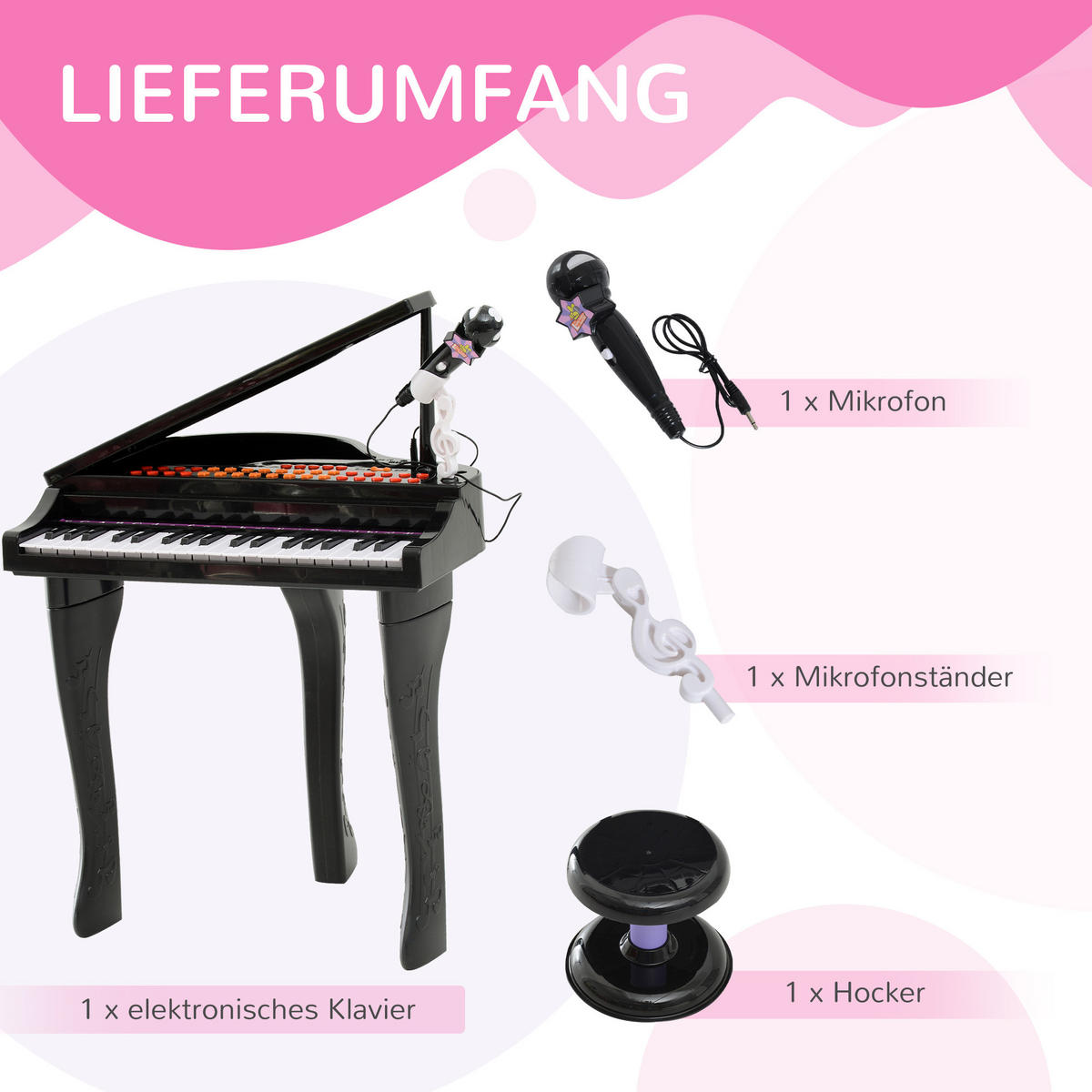 KINDER Klavier Piano Keyboard Musikinstrument MP3 USB 37 Tasten mit Hocker - Schwarz, Kunststoff (39/69/48cm) - HOMCOM