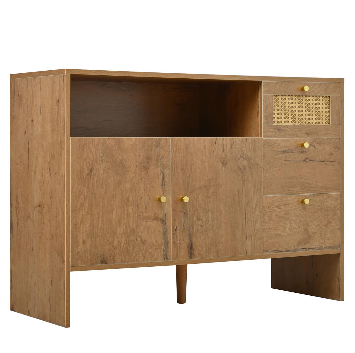 SIDEBOARD 105/40/76 cm mit 2 Türen, 3 Schubladen und offenem Fach in Rattan-Optik aus Spanplatte, Natur - Naturfarben, Holzwerkstoff (105/76/40cm) - Redom