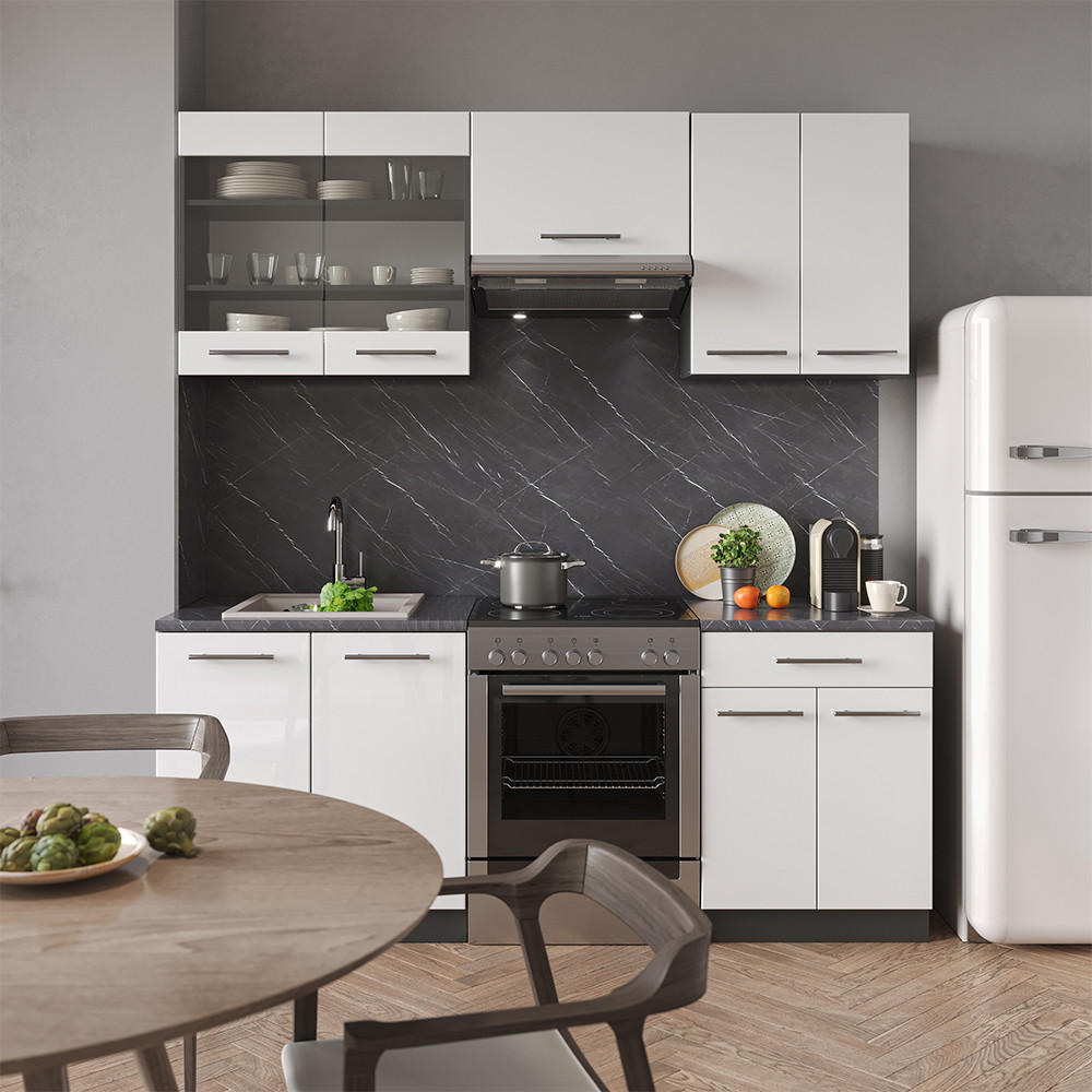 KÜCHENZEILE Fame-Line Weiß Hochglanz/Anthrazit 200 cm, AP Anthrazit - Weiß Hochglanz/Anthrazit, Holzwerkstoff (200/81.6/60cm) - Vicco