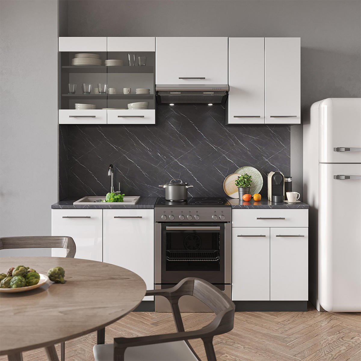 KÜCHENZEILE Fame-Line Weiß Hochglanz/Anthrazit 200 cm, AP Marmor - Weiß Hochglanz/Anthrazit, Holzwerkstoff (200/81.6/60cm) - Vicco