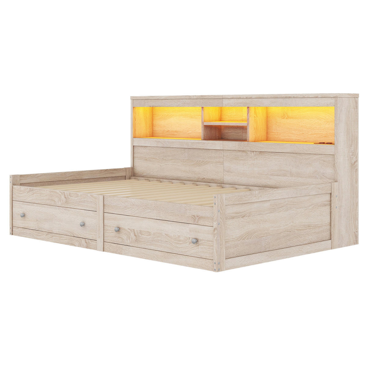 MULTIFUNKTIONSBETT 90/200 cm natur mit LED-Beleuchtung und USB-Anschlüssen - Naturfarben, Holzwerkstoff (90/200cm) - OKWISH