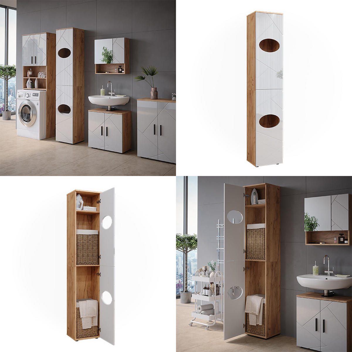 WÄSCHESCHRANK Irma Goldkraft Eiche/Weiß Hochglanz 37.2 x 192 cm - Weiß Hochglanz/Eiche Wotan, Holzwerkstoff (37.2/192/32cm) - Vicco