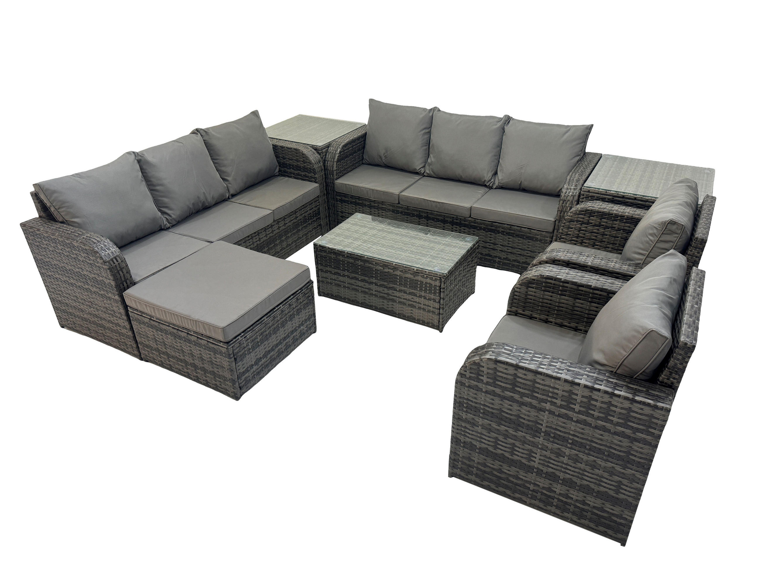 GARTENMÖBEL-SET mit Kissen Polyrattan Dunkelgrau 9-Sitzer - Dunkelgrau/Grau, Glas/Kunststoff - Fimous
