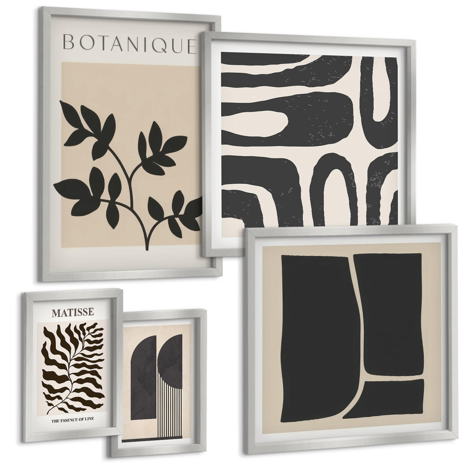 BILDER SET 5er Set - 50x50 cm & 20x30 cm & 40x60 cm Silberner Rahmen - Minimalistische Pflanzenposter - Silberfarben, Kunststoff (40/60cm) - TULUP